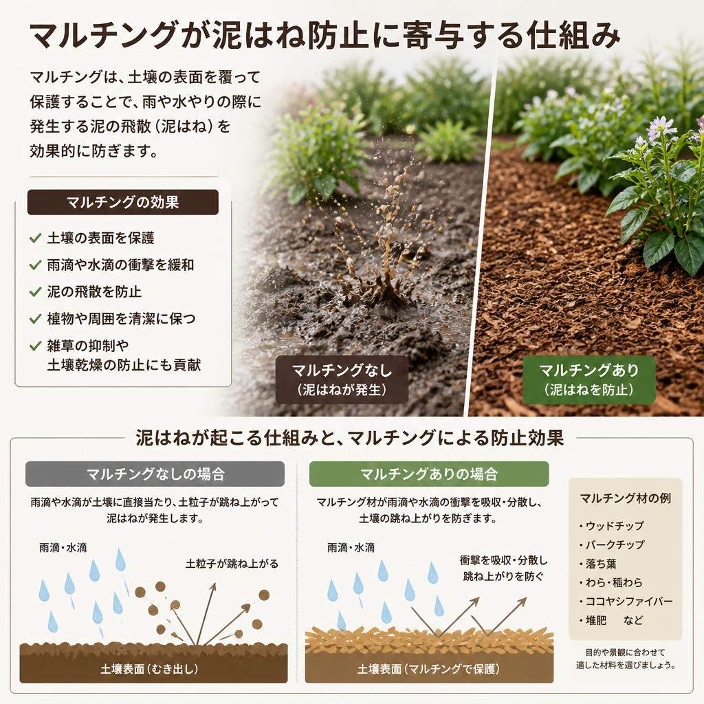 泥はねを防ぐ方法4：マルチングの効果
